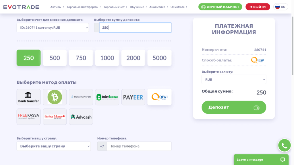 минимальный депозит эвотрейд